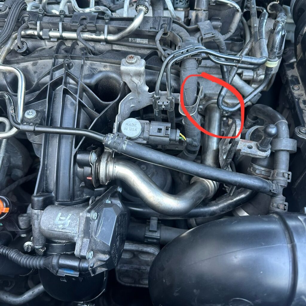 Miejsce zaworu EGR pod maską – Volkswagen Beetle 2.0 TDI EDC17C46 Zawór EGR w silniku 2.0 TDI – lokalizacja w Volkswagenie Beetle 2013 | Sebon Performance