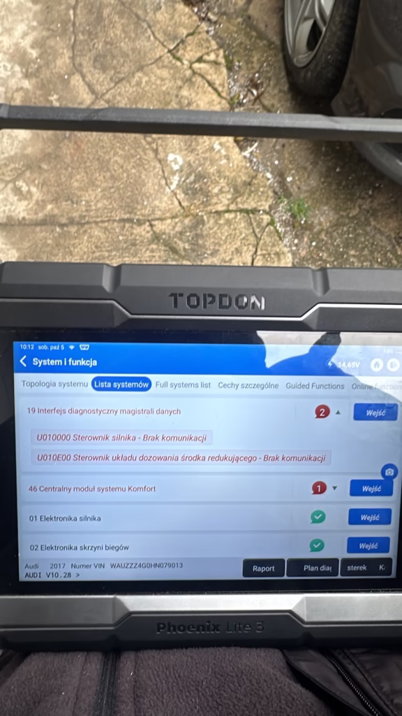 Raport z diagnostyki Topdon – błędy AdBlue w Audi A6 C7