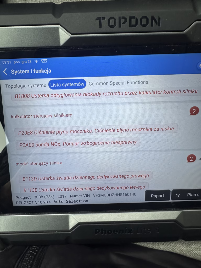 Diagnostyka Peugeot 3008 – błędy P20E8 i P2A00