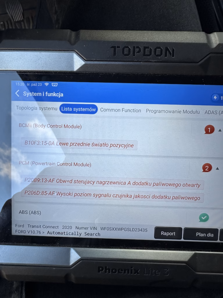 Odczyt błędów układu SCR w Ford Transit Connect na komputerze diagnostycznym